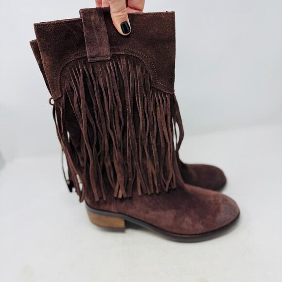 Lucky Brand Suede Fringe Western Boots Brown Mid-Calf Pull On Size 8 - Picture 3 of 11